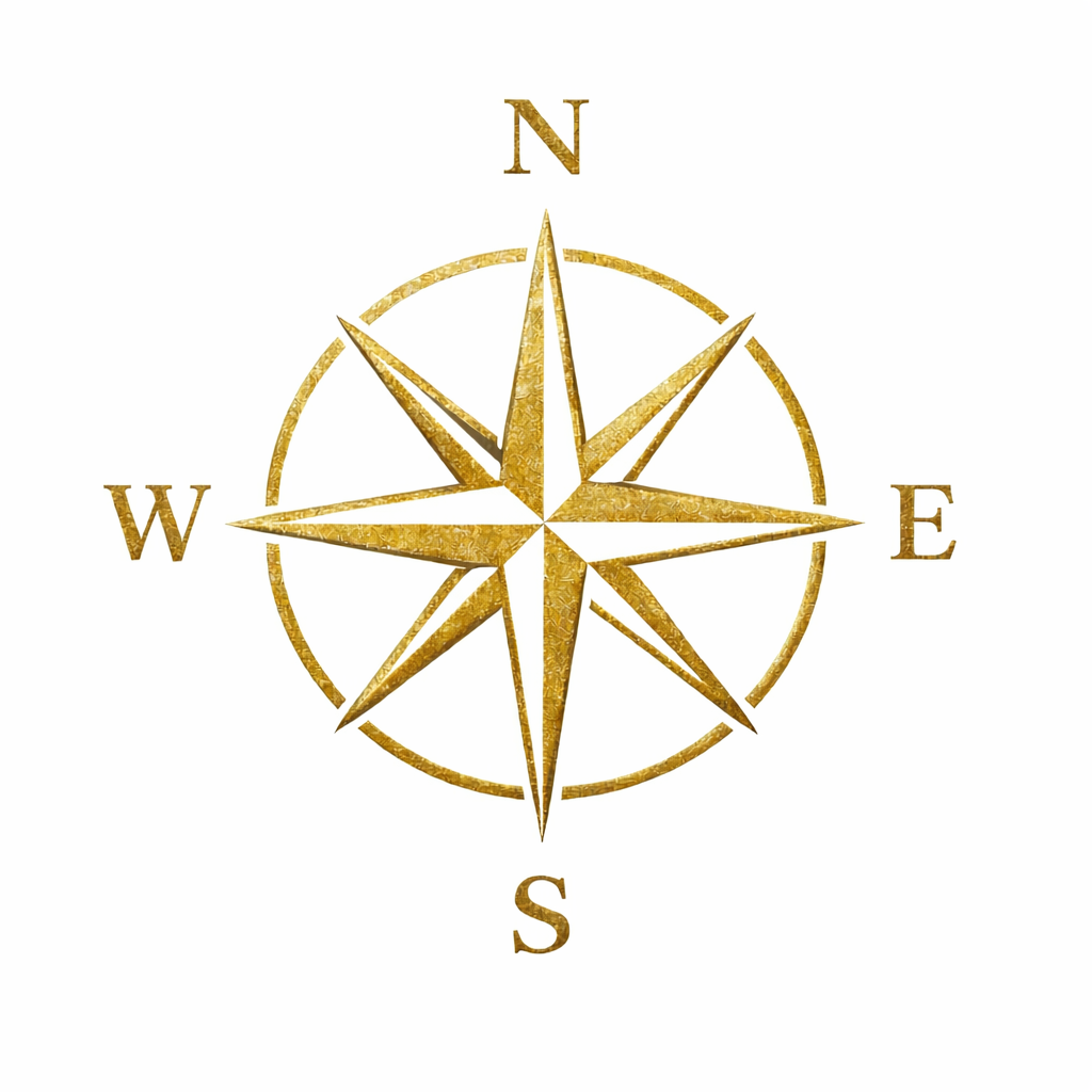 A gold compass rose with North, South, East, and West labeled.