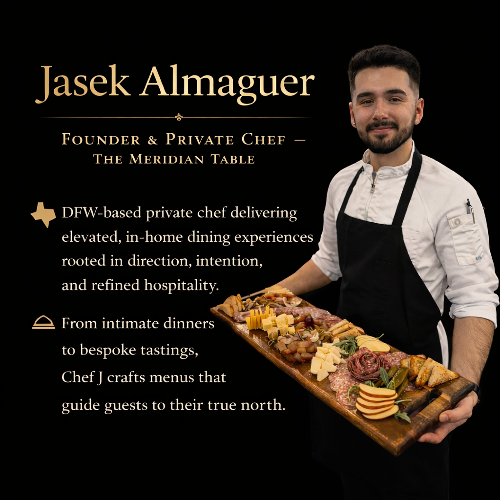 A man wearing a white chef's jacket and black apron holding a large wooden platter with assorted cheeses, meats, and garnishes, standing against a black background with text introducing him as Jasek Almaguer, a private chef based in Dallas.