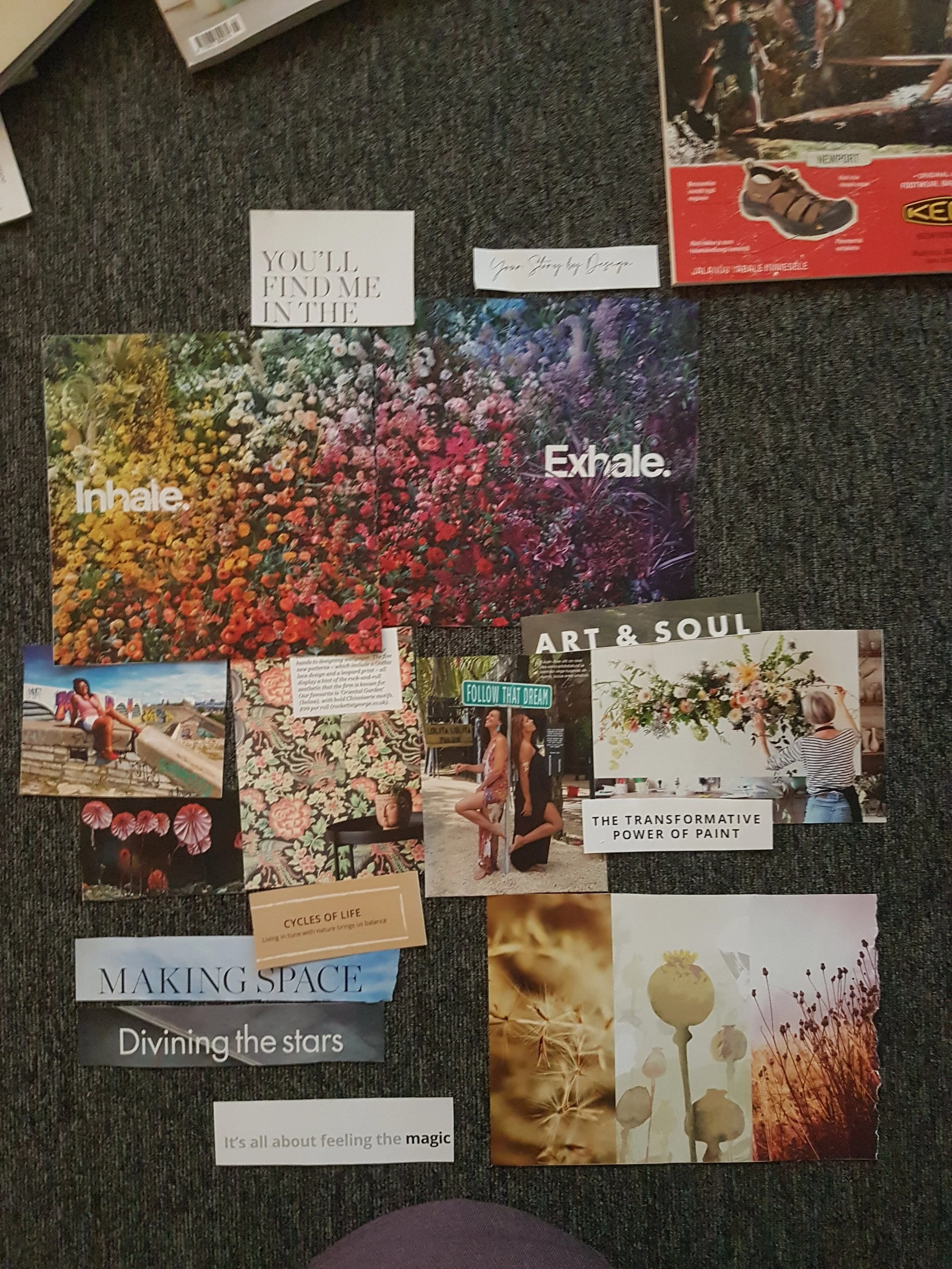 A collage of various images and text related to art, nature, and inspiration. It includes colorful floral patterns, people, and motivational phrases like "You're gonna be okay" and "Follow that dream." There are also images of flowers, a woman painti