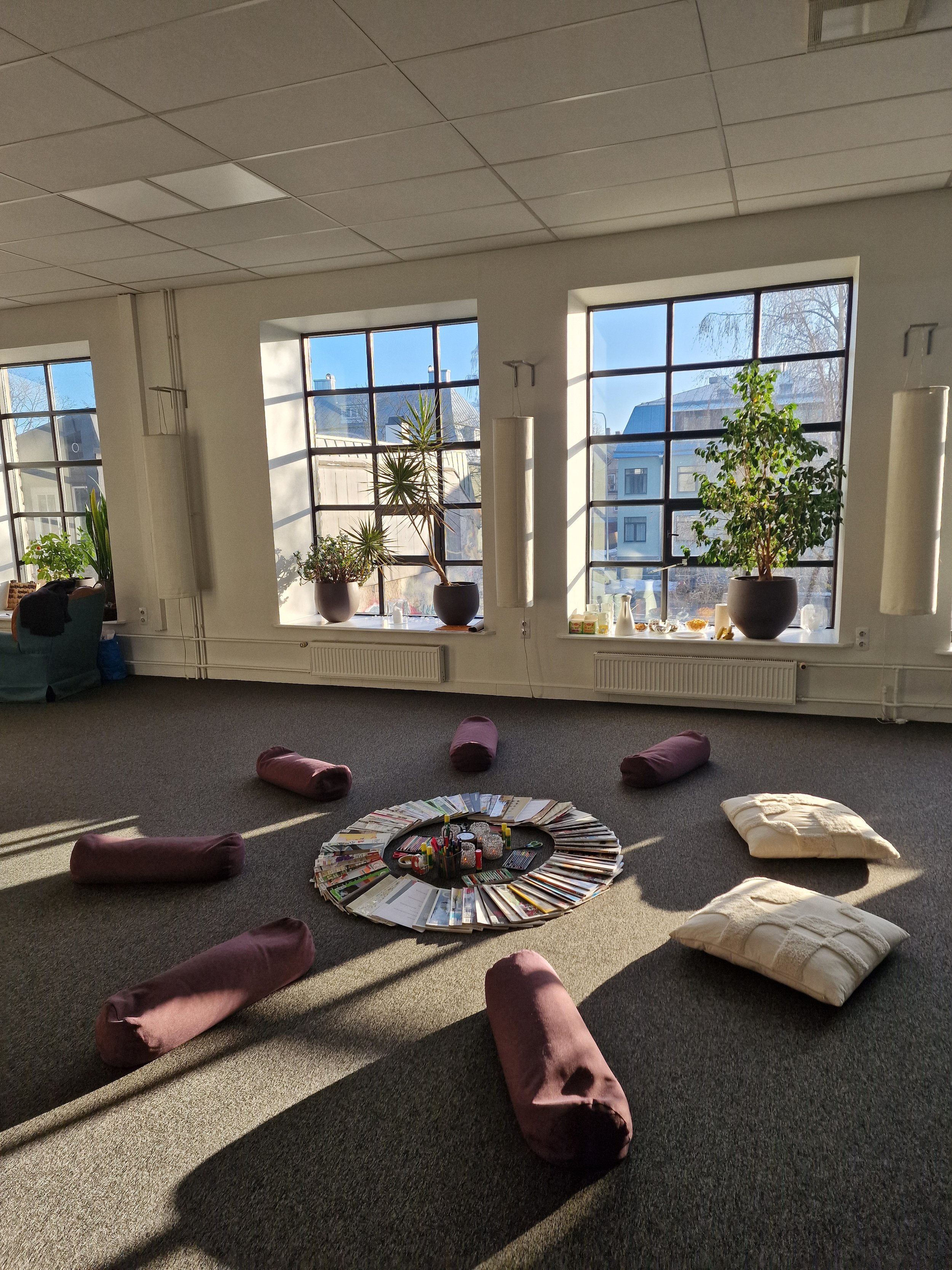 Empty indoor space with large windows, potted plants, and a circular arrangement of magazines or papers on the floor, surrounded by cushions and lack of chairs.