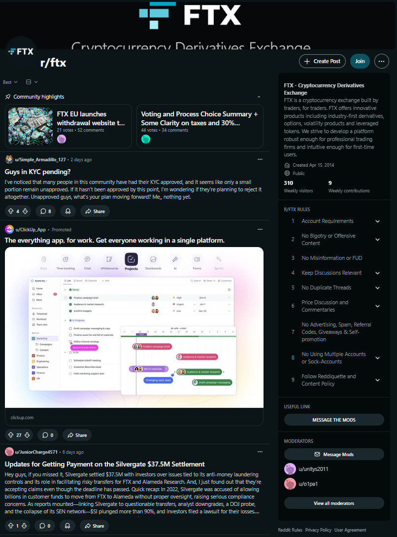 Screenshot of FTX cryptocurrency derivatives exchange community page on Reddit, showing discussion posts about FTX launch, voting and process, KYC pending, a work platform app, and updates on Silvergate settlement.