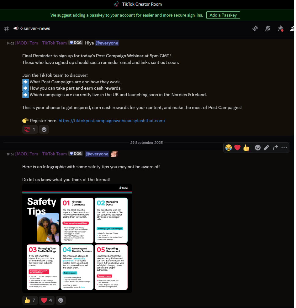 A screenshot of a Discord chat discussing TikTok creator webinars and safety tips, including an infographic with safety tips like filtering comments, managing duets, managing profile settings, removing/blocking accounts, and reporting harassment.