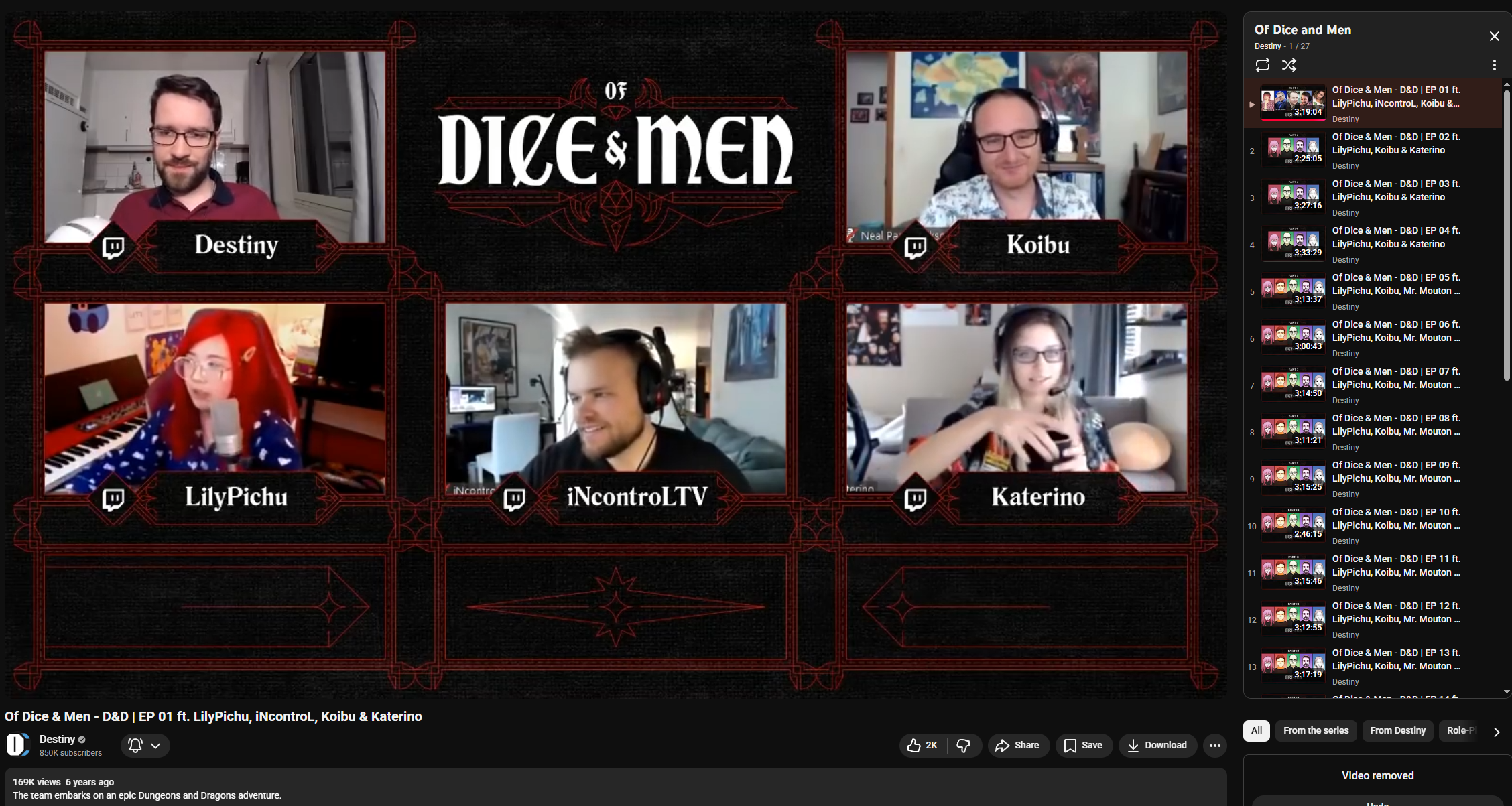 Screenshot of a virtual panel discussion titled "Of Dice & Men" featuring five hosts in individual video frames called Destiny, Koibu, LilyPichu, iNcontrolTV, and Katerino. The panel area has a black and red themed background with the title logo at the center.