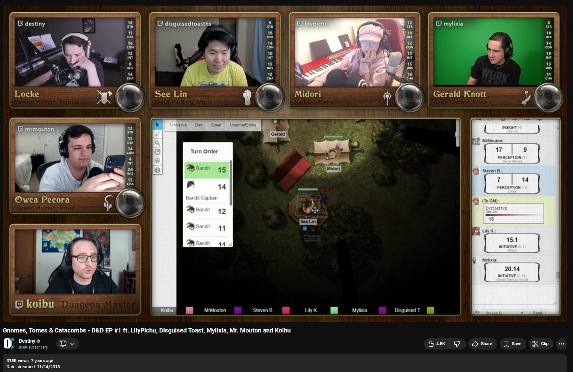 Screenshot of a Dungeons & Dragons game session with six players and a game map in the center. The players are on video call, with portraits and stats visible for each. The map shows a fantasy setting with characters and turn order.
