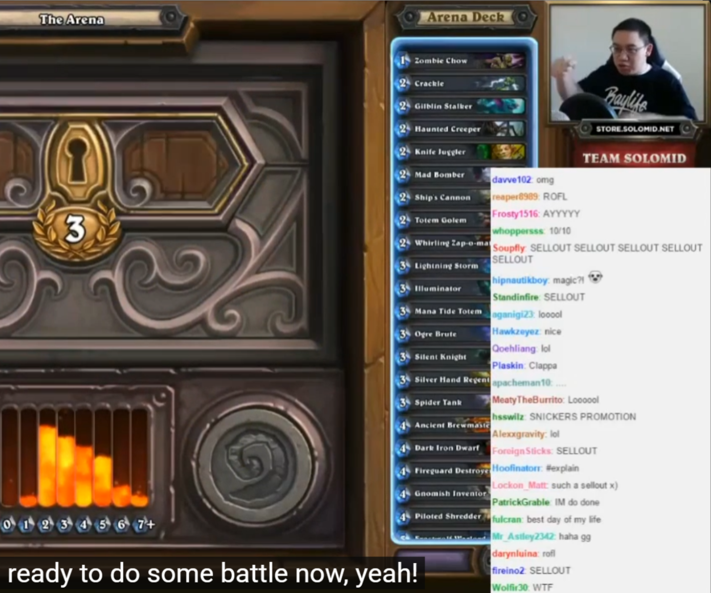 Screenshot of a live streaming gameplay of Hearthstone, showing the arena deck selection and chat comments from viewers on the right side.