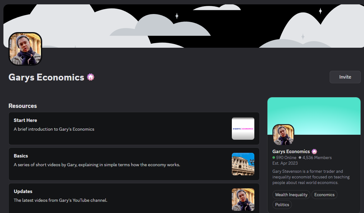Screenshot of a social media profile named Garys Economics, with a dark theme background and cartoon clouds at the top. The profile picture shows a man in a jacket and scarf. The profile indicates 590 online users and 4,536 members, with recent videos on economics, wealth inequality, and politics.