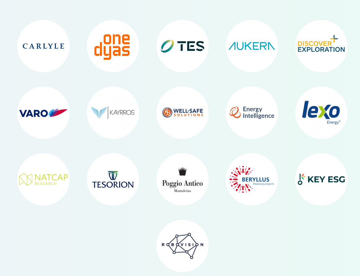 Collection of logos for various energy, research, and exploration companies arranged in a grid pattern.