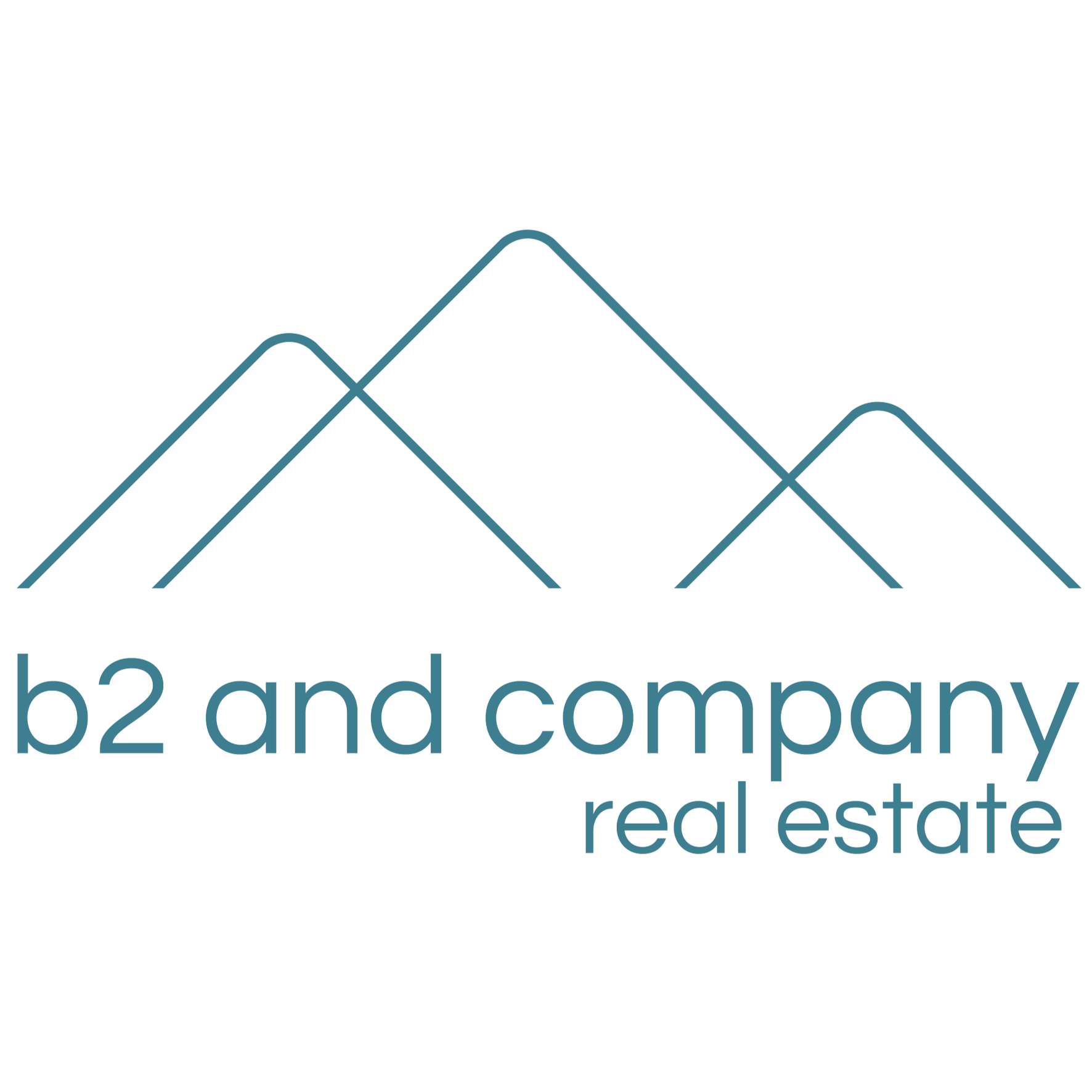 Logo for b2 and company real estate featuring stylized mountain peaks above the company name
