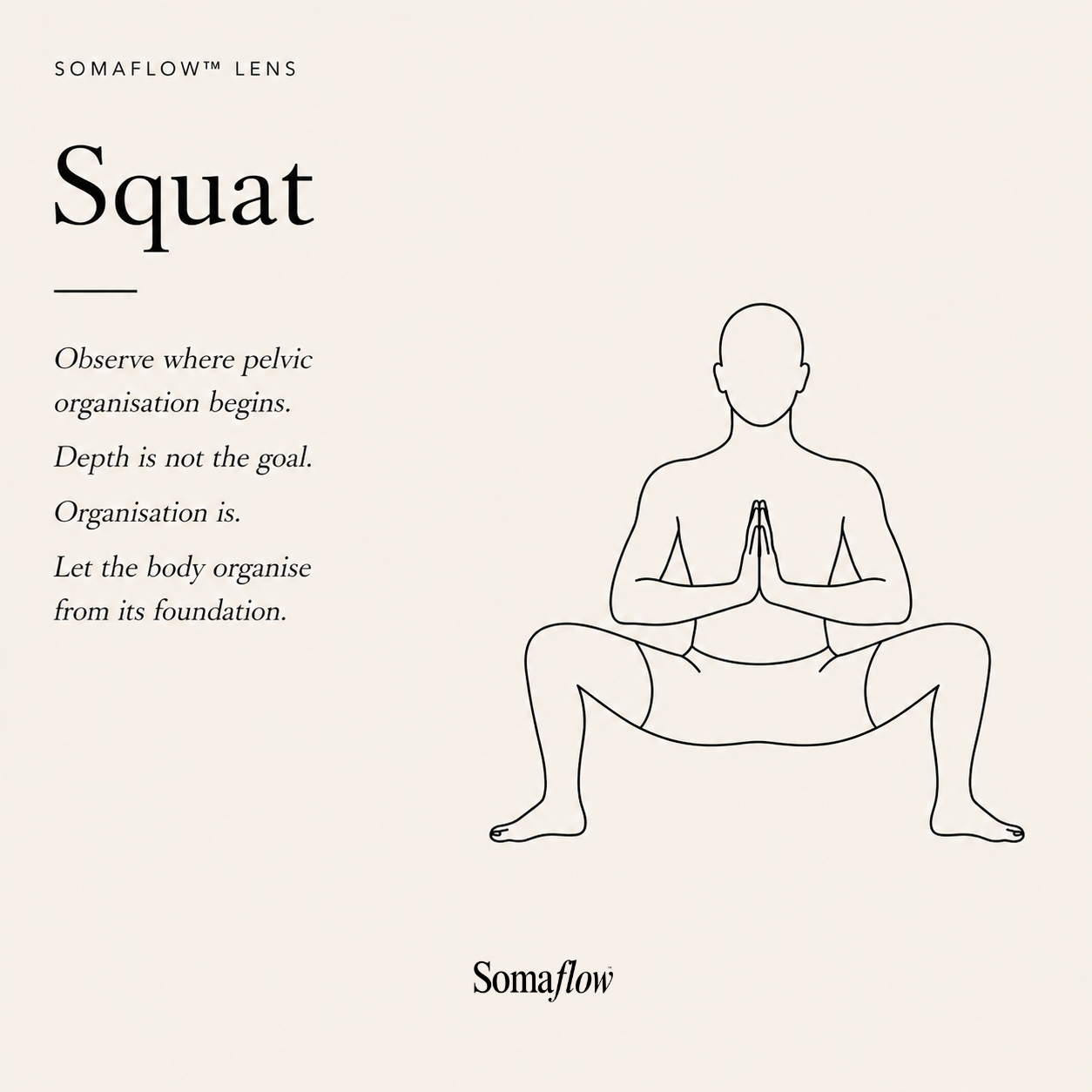 Minimal line illustration of a person performing a squat, titled “Squat” from the SomaFlow™ Observation Atlas. The image introduces an observation of movement organisation through the SomaFlow lens.