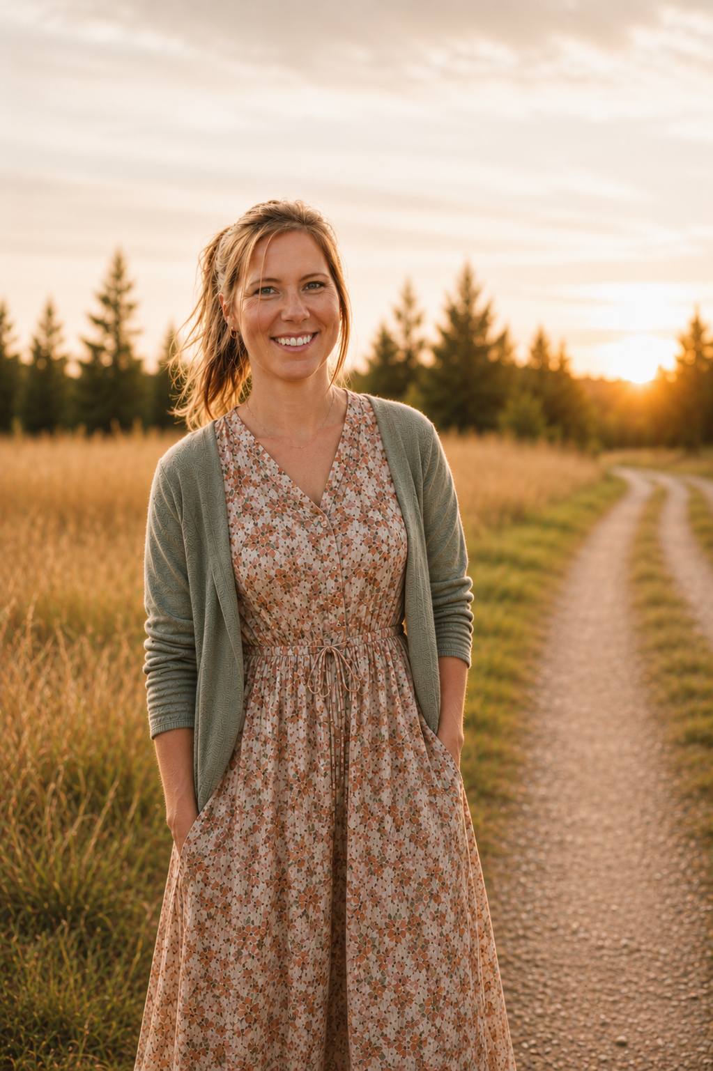 Eine lächelnde junge Frau in einem Sommerkleid mit einem grünen Pullover, die in einem Feld bei Sonnenuntergang steht.