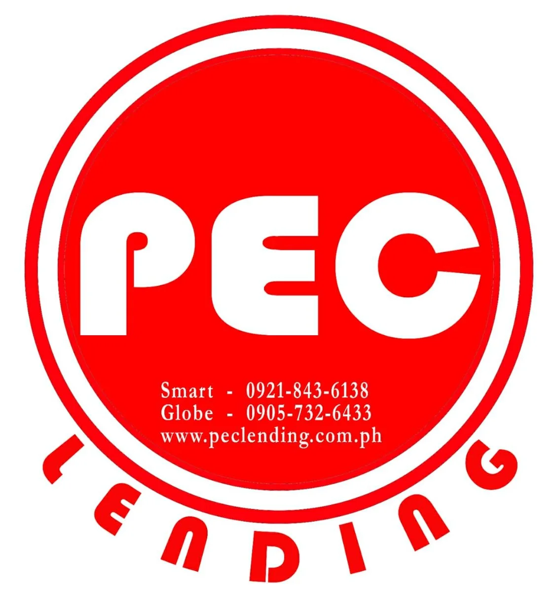 A red circular logo with the word "PEC" in large white letters inside, and the word "LEADING" in red curved around the bottom. Below "PEC," there are contact details for Smart and Globe, and a website address "www.peclending.com.ph".