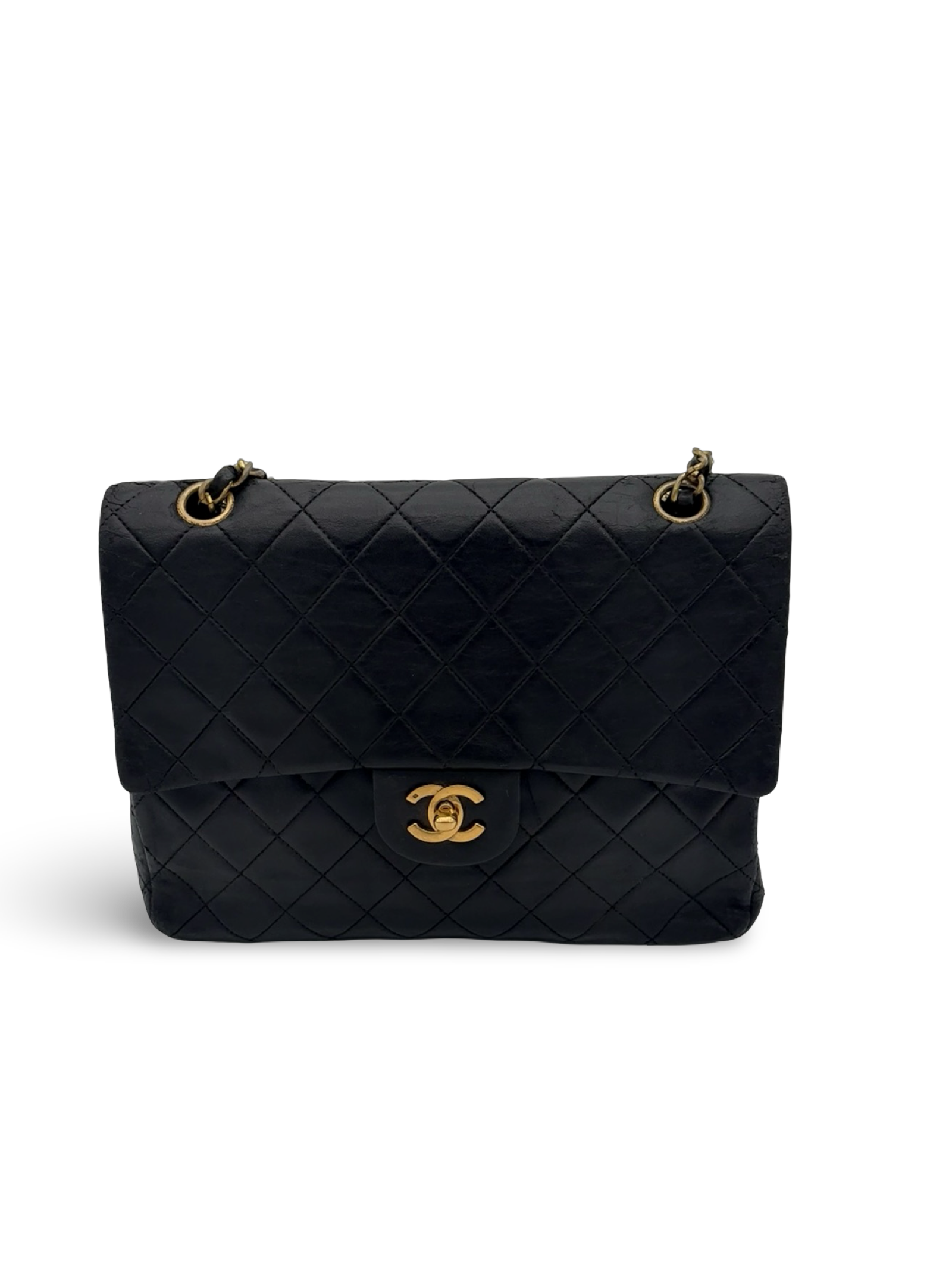 Chanel Black Double Flap Lambskin Leather Double Strap Handbag