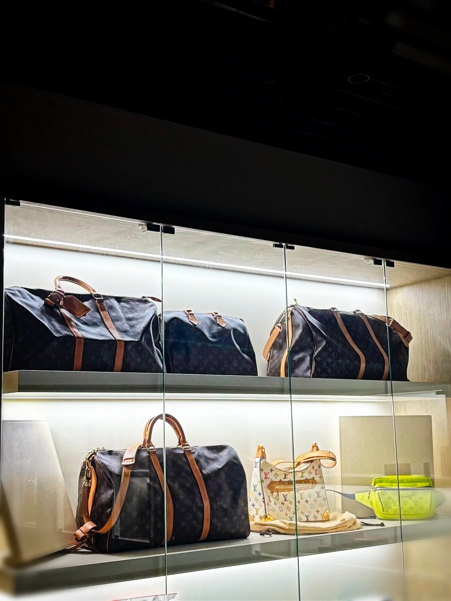 Display case with luxury handbags and accessories, including Louis Vuitton bags and a colorful Louis Vuitton purse, on illuminated shelves.