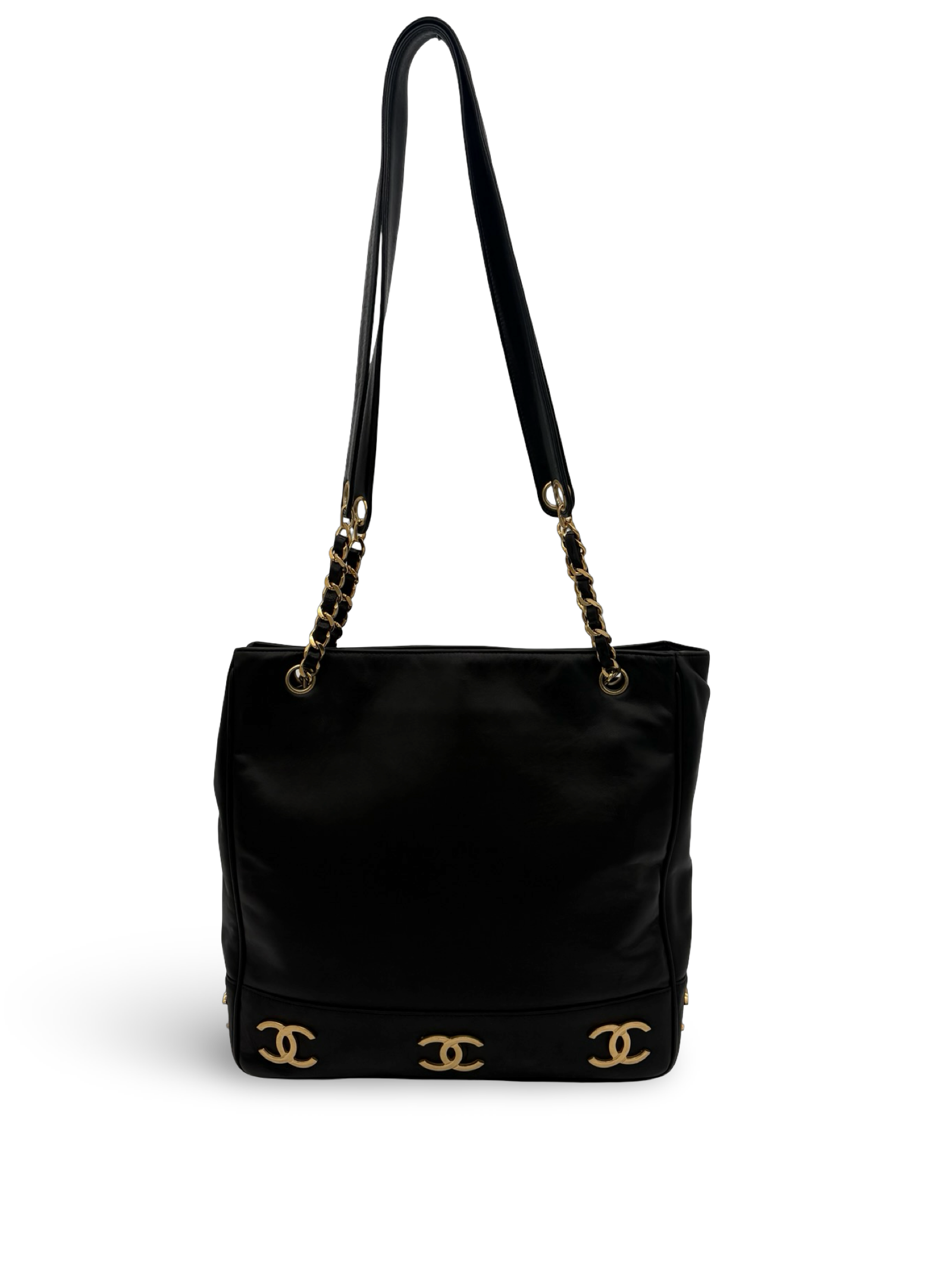 Chanel CC Triple Coco Logo Black Lambskin Leather Tote / Shoulder Bag