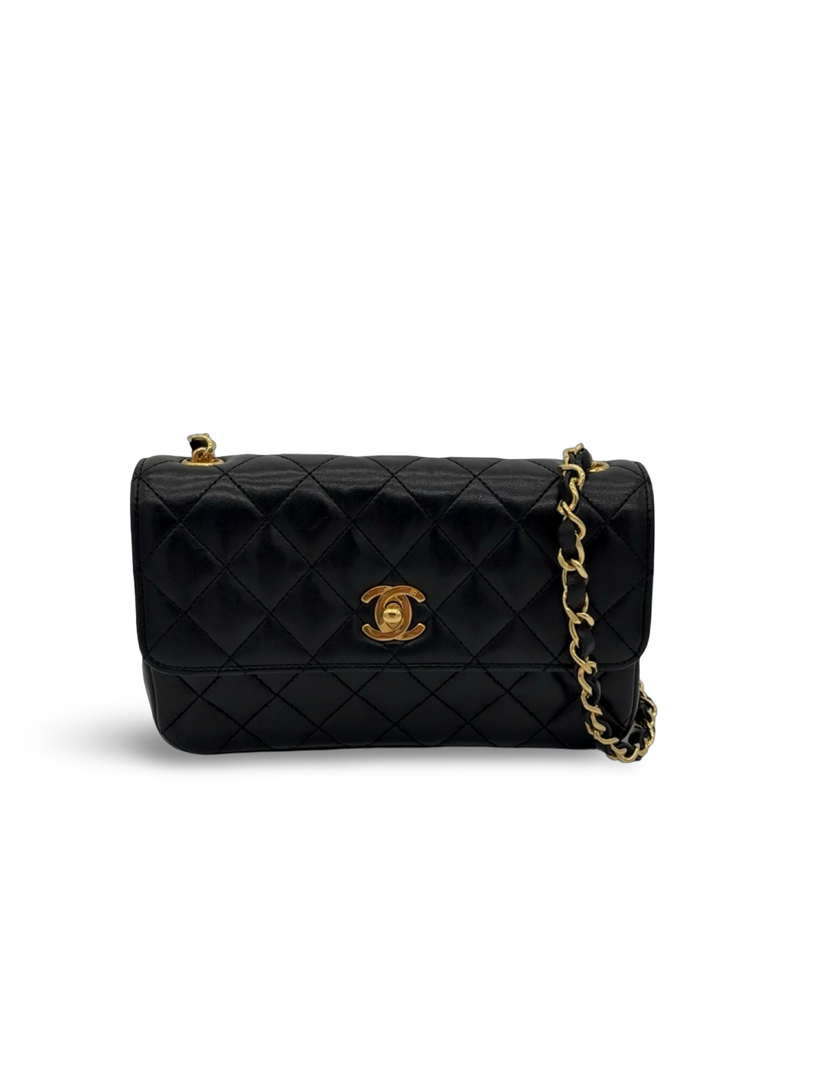 Chanel Black One Flap Turnlock Lambskin Leather Crossbody Handbag