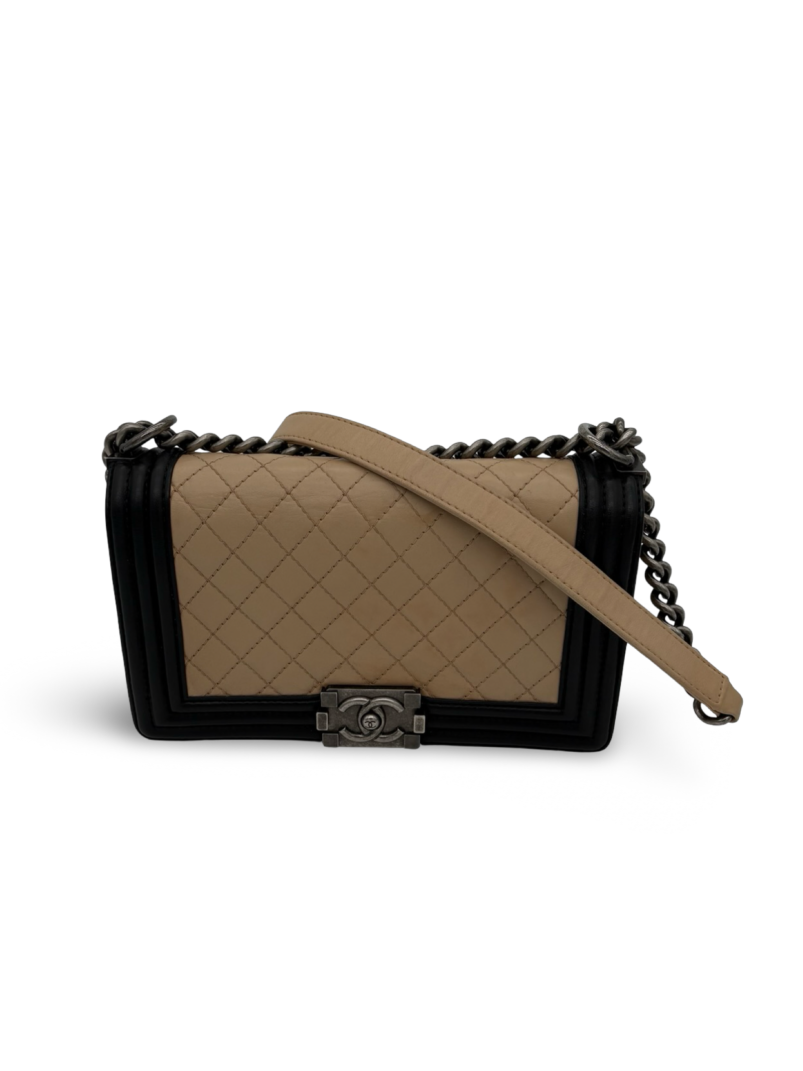 Chanel Medium Flap Boy Bag Beige and Black Lambskin Leather Handbag