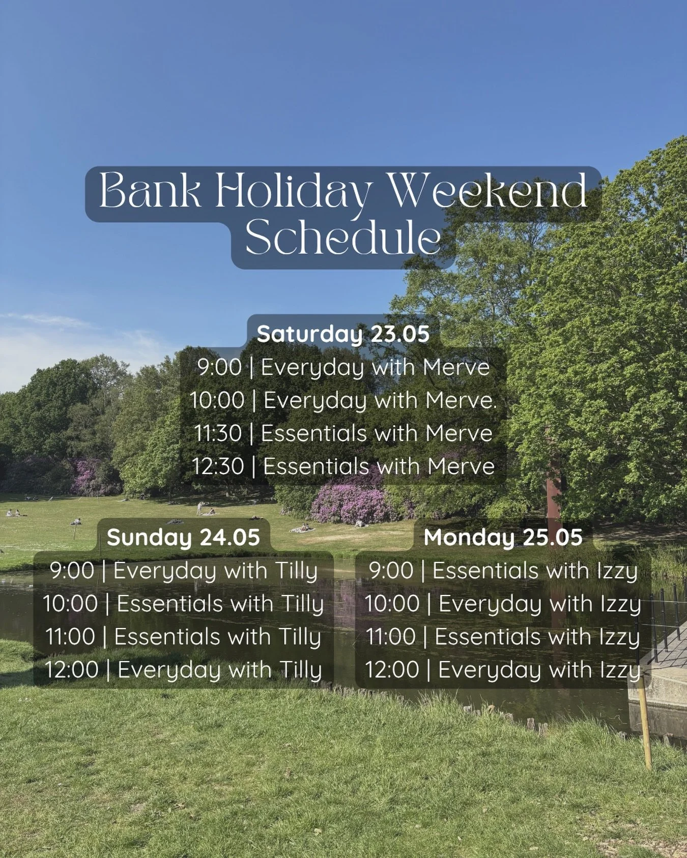 Gorgeous bank holiday weekend ahead! Get some sunshine, a picnic or BBQ in, but don&rsquo;t forget to move your body too. We&rsquo;re open as usual, just with a slightly different schedule ☀️