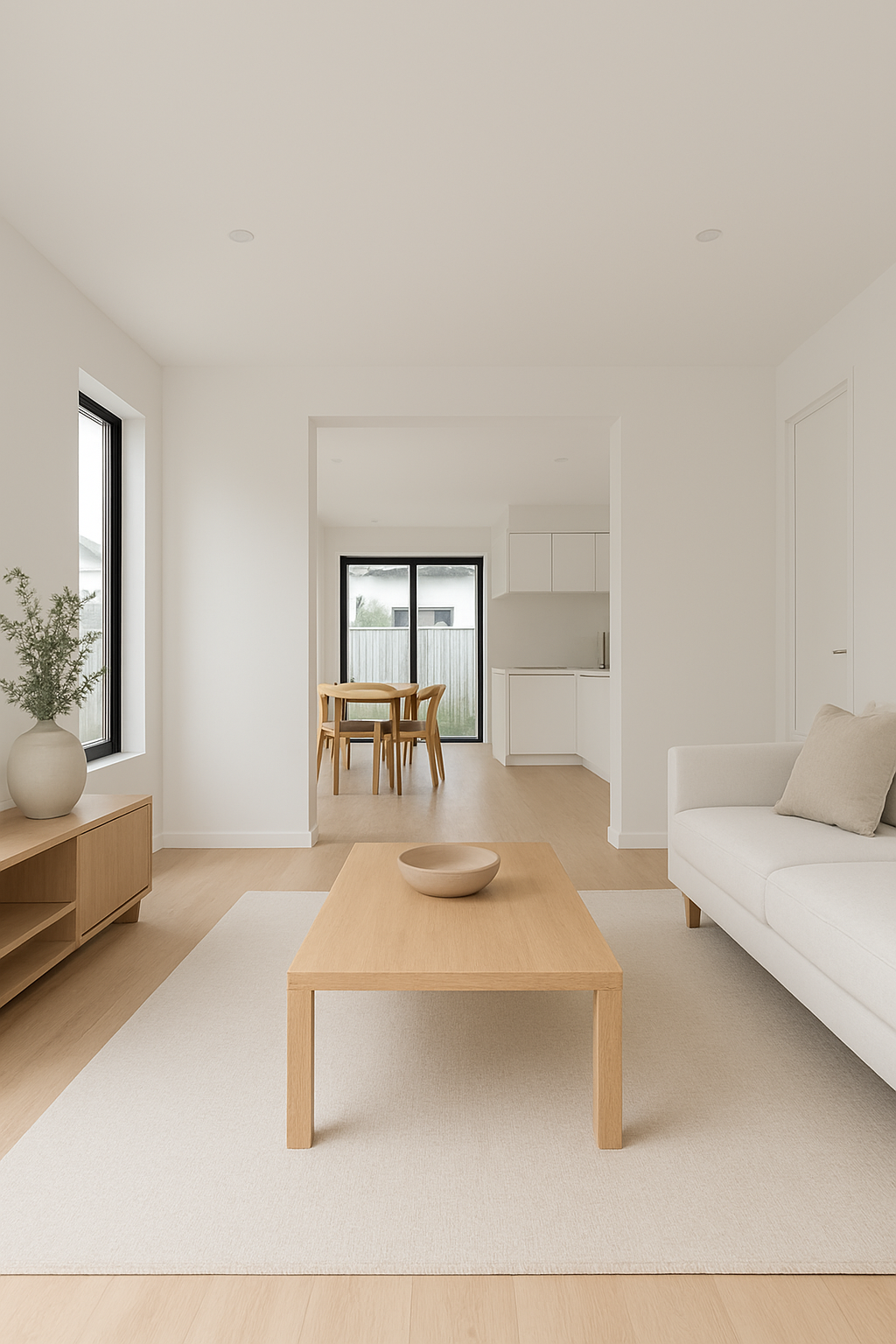 Minimalist living room with white walls, light wood furniture, a white sofa with a beige pillow, a coffee table with a bowl, a sideboard with a vase and plant, and a dining area with a table and chairs in the background, natural light coming through large windows.