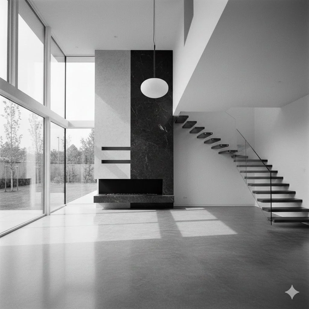 newly built living room, empty space, natural light, monochrome