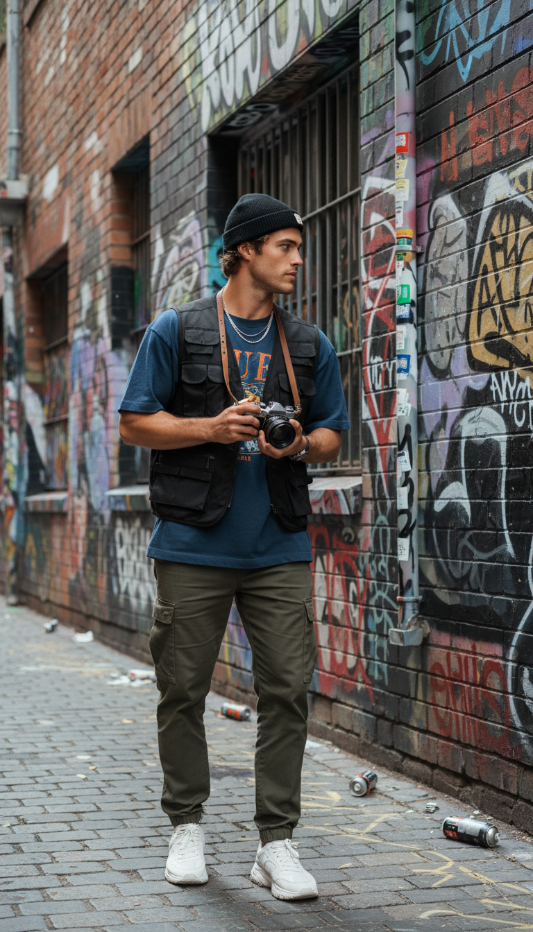 A young man with a camera, wearing a black beanie, blue t-shirt, black vest, olive cargo pants, and white sneakers, standing on a graffiti-covered sidewalk in an urban alley with discarded cans on the ground. AI Influencer made by KANJIRU AI Agency