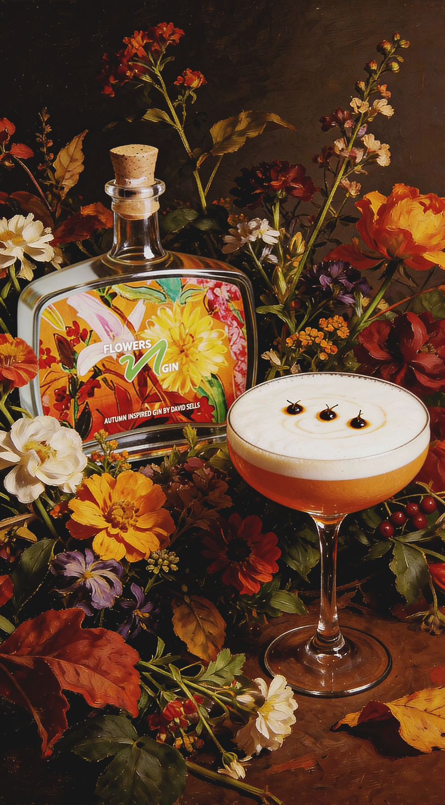 A floral arrangement surrounds a bottle of Flowers Gin and a cocktail garnished with cherries, in a dark setting. AI Product for Flowers N Gin made by KANJIRU Antwerp.