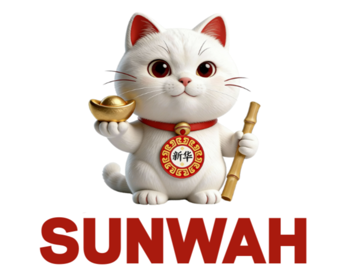 A white cartoon cat dressed in traditional Asian attire, holding a gold ingot in one paw and a scroll in the other, with the words "SUNWAH" in red below. AI Client KANJIRU Antwerp.