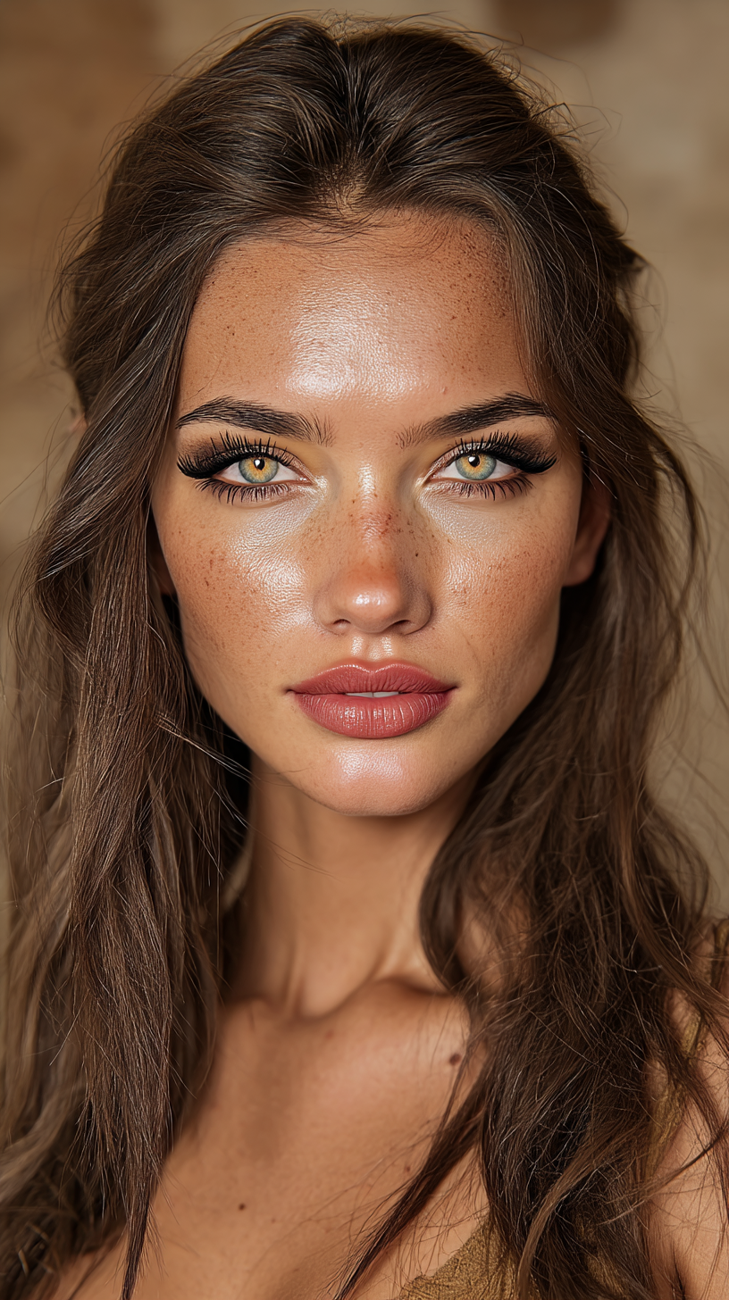 A close-up portrait of a woman with long, wavy brown hair, blue eyes, and makeup including eyeliner, mascara, and lipstick, against a neutral background. AI Influencer made by KANJIRU Antwerp.