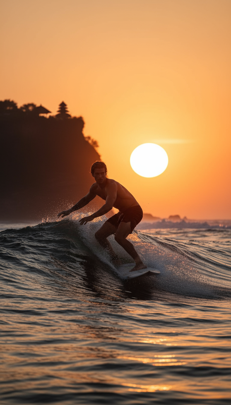 A man surfing on a wave during sunset with a silhouette of a landmass and structures in the background. AI Influencer made by KANJIRU AI Agency