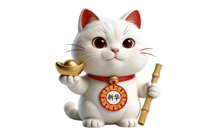 A cartoon white cat wearing a red collar with a gold bell, holding a gold ingot in one paw and a bamboo stick in the other, with traditional Chinese symbols on its chest, representing prosperity and good fortune.