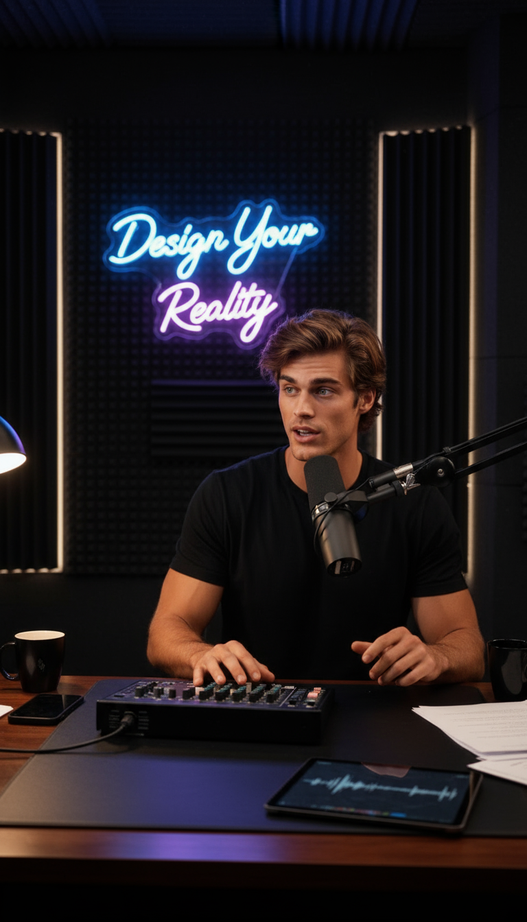 Young man sitting at a desk in a recording studio, speaking into a microphone, with a neon sign behind him that says 'Design Your Reality.'AI Influencer made by KANJIRU AI Agency