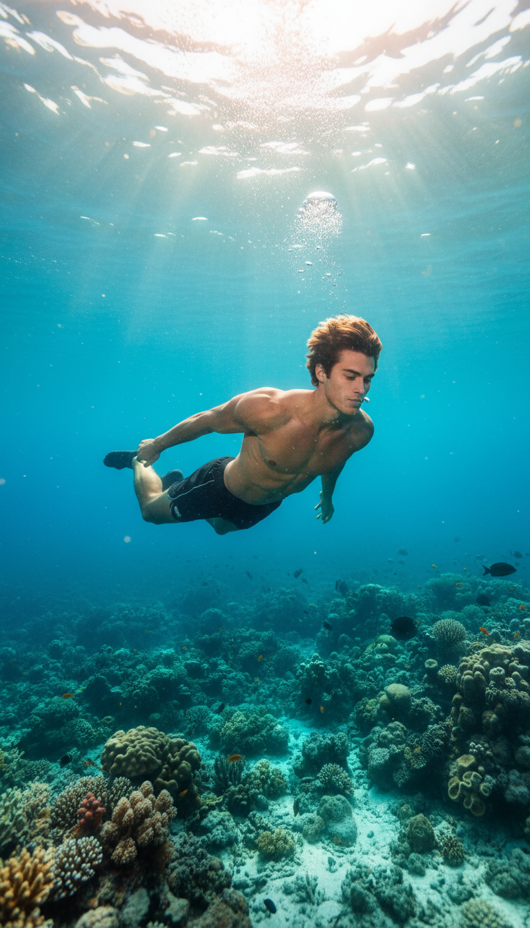 A young man swimming underwater above a colorful coral reef. AI Influencer made by KANJIRU AI Agency
