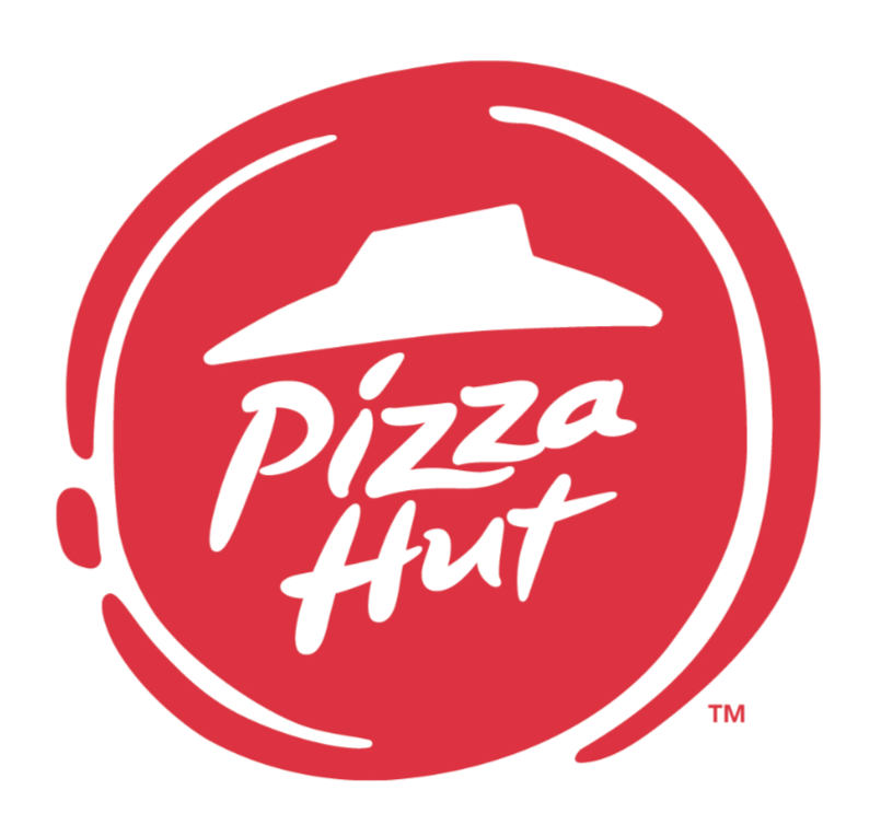 Pizza Hut logo with red circle, black hat above the text, and black handwritten-style text.