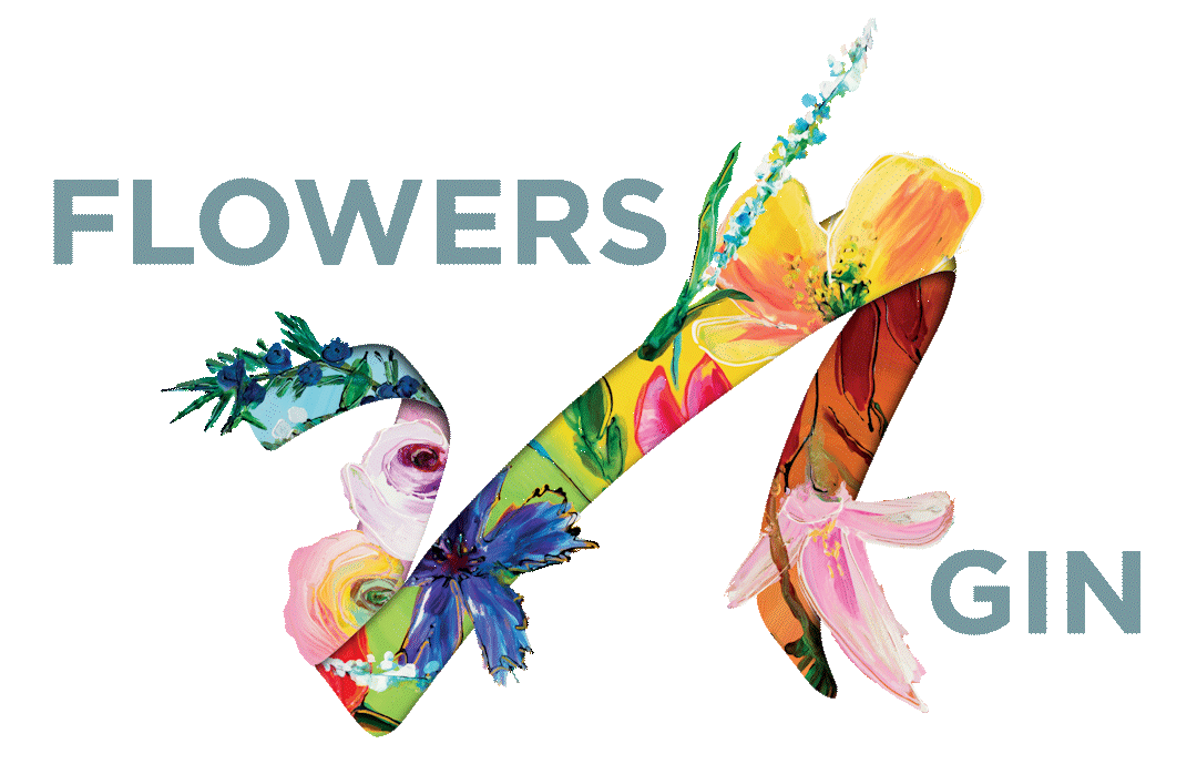 Colorful illustrated flowers with the word "FLOWERS" on the left and "GIN" on the right.