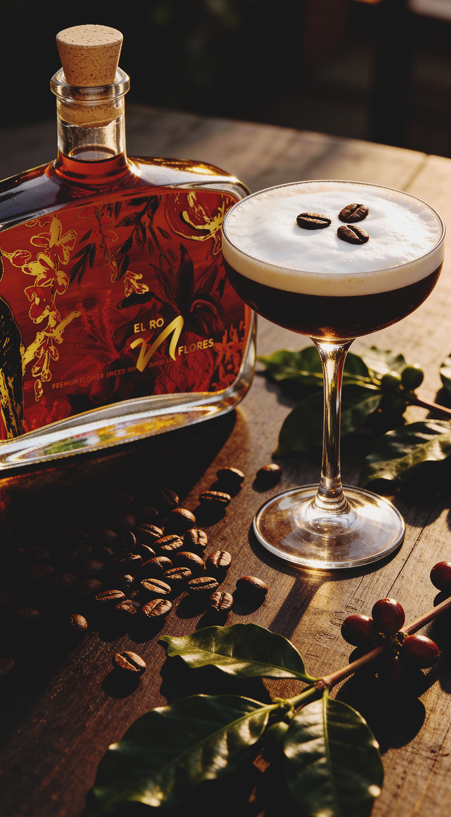 A cocktail with coffee beans as garnish in a coupe glass next to a bottle of coffee liqueur, surrounded by scattered coffee beans and green coffee plant leaves. AI Product for Flowers N Gin made by KANJIRU Antwerp.
