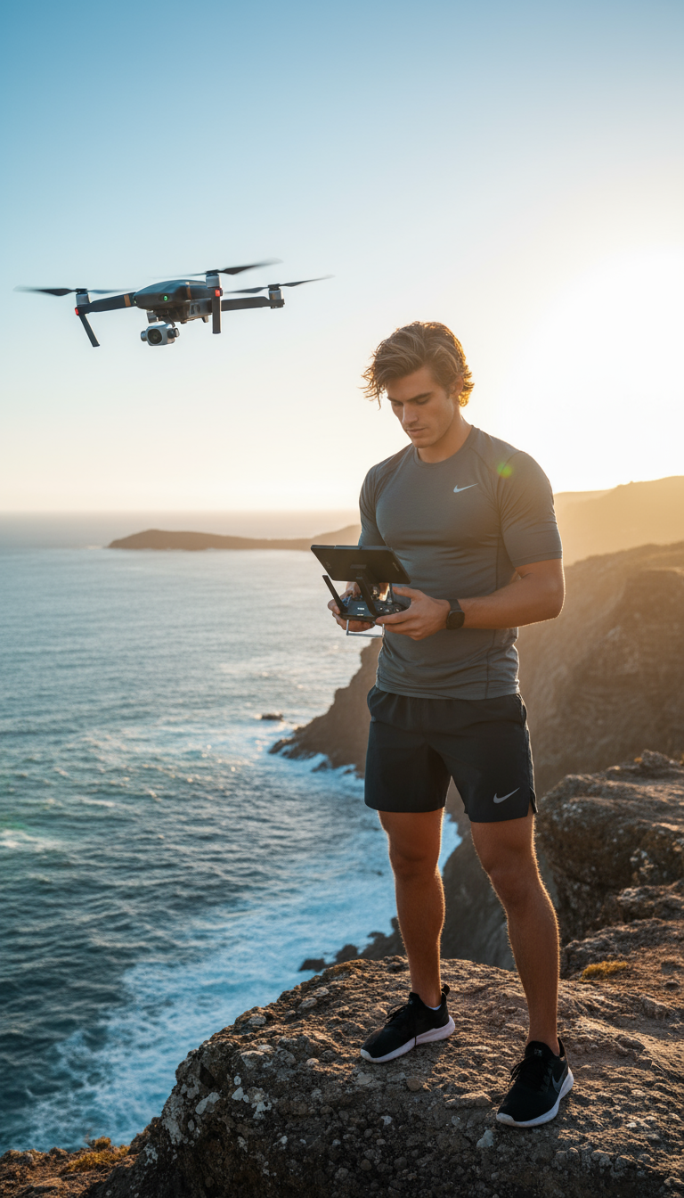 A young man standing on a rocky cliff near the ocean, operating a drone with a remote control during sunset. AI Influencer made by KANJIRU AI Agency