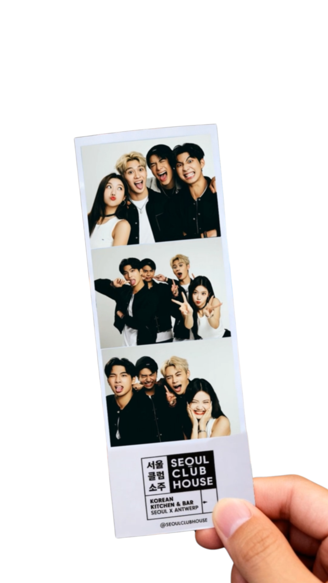 Photo booth strip showing three group shots of young adults, including a girl and boys making playful faces, with a black and white label at the bottom indicating Seoul Club House, Korean kitchen and bar, Seoul x Antwerp.