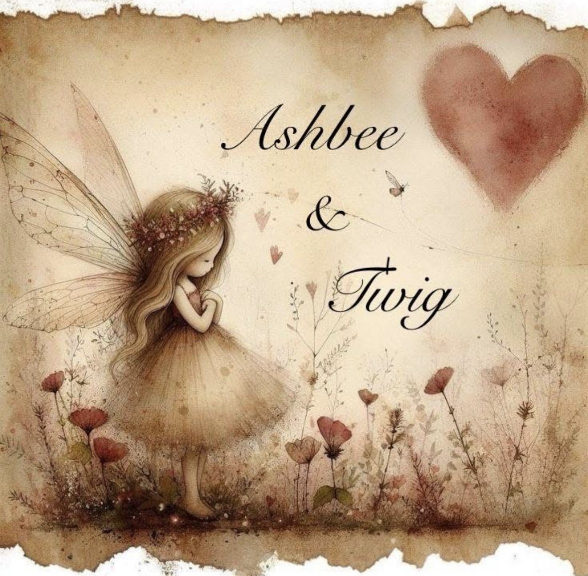 A whimsical illustration of a fairy with long hair, fairy wings, and a flower crown, standing among flowers with a large red heart in the top right corner, and the text 'Ashbee & Twig' in elegant script.