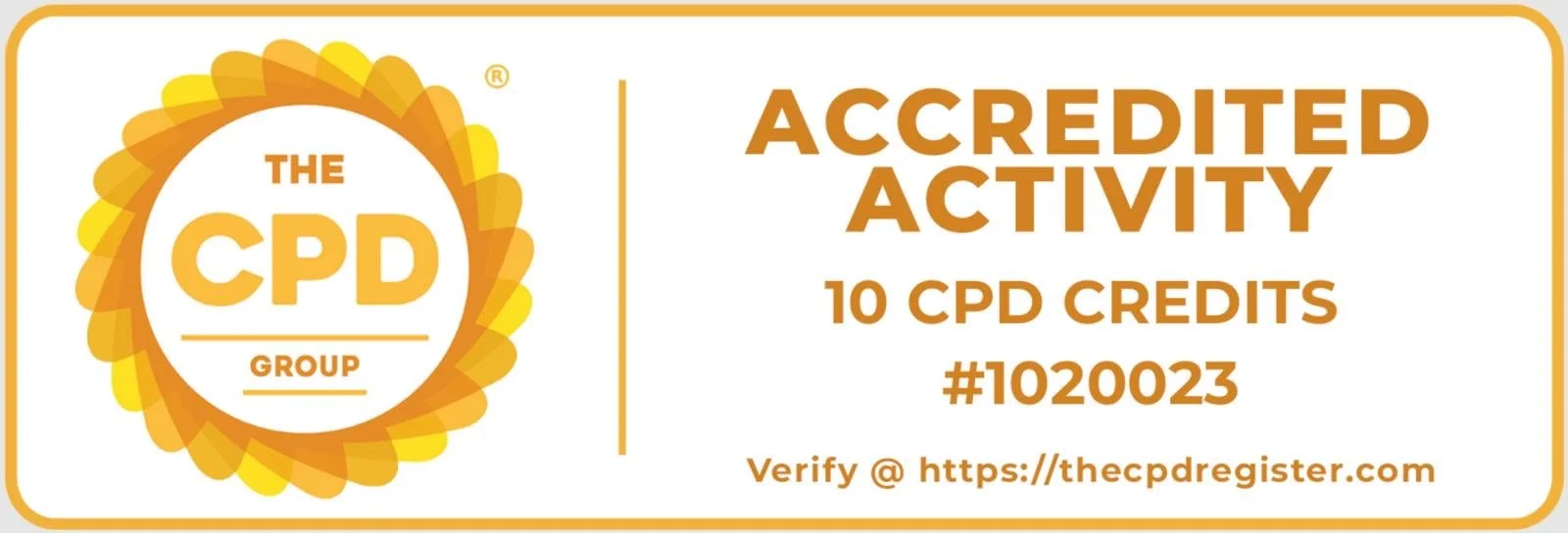 A digital certificate of accomplishment with a sunflower logo, indicating a completed activity for 10 CPD credits, verified on the website thecpdregister.com.