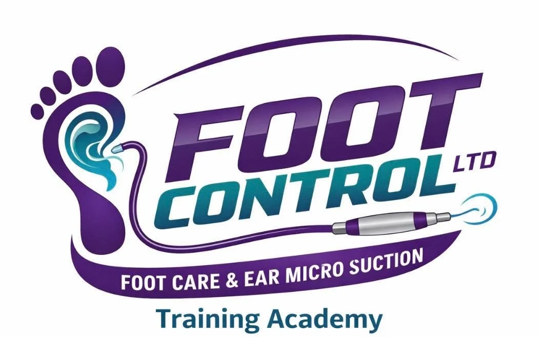 Logo for Foot Control Ltd, a foot care and ear micro suction training academy. The logo features a stylized purple foot with a swirl in the heel area and a tube connecting to a device emitting a small blue spark.