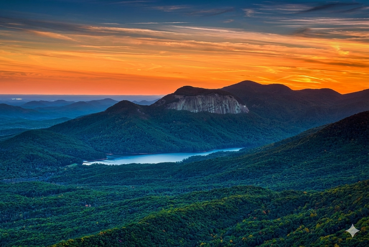 Scenic sunset view from Caesar's Head Mountainof a mountain range with Table Rock Mountain overlooking a lake and forest.