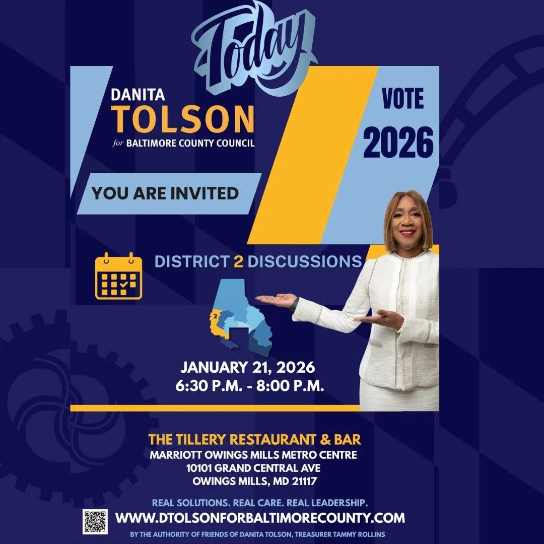 Happening today. Join Dr. Tolson&rsquo;s District 2 Discussions from 6:30 PM to 8:00 PM at The Tillery Restaurant &amp; Bar, Marriott Owings Mills Metro Centre. We look forward to connecting and hearing your voice.

Learn more at www.dtolsonforbaltim
