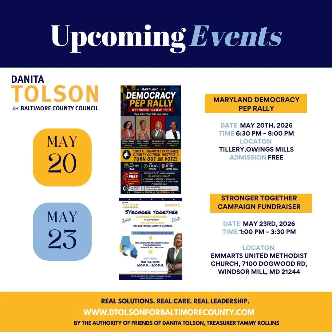 📣 UPCOMING COMMUNITY EVENTS &ndash; YOU&rsquo;RE INVITED! 🇺🇸✨

Join us as we come together for engagement, empowerment, and action across Baltimore County and beyond!

🗳️ MARYLAND DEMOCRACY PEP RALLY
📅 May 20th, 2026
🕡 6:30 PM &ndash; 8:00 PM
?