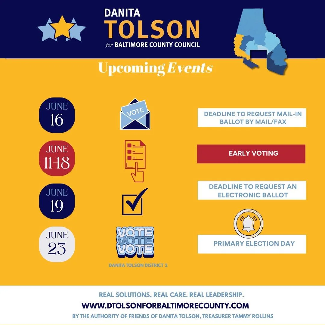 Early Voting Begins Today!!! VOTE VOTE VOTE #DANITATOLSON
Your vote is your power, make sure it&rsquo;s ready to be heard. Take a moment today to ensure your voice counts.

#CommunityEmpowerment #VotingMatters #BaltimoreCounty #District2 #CommunityFi