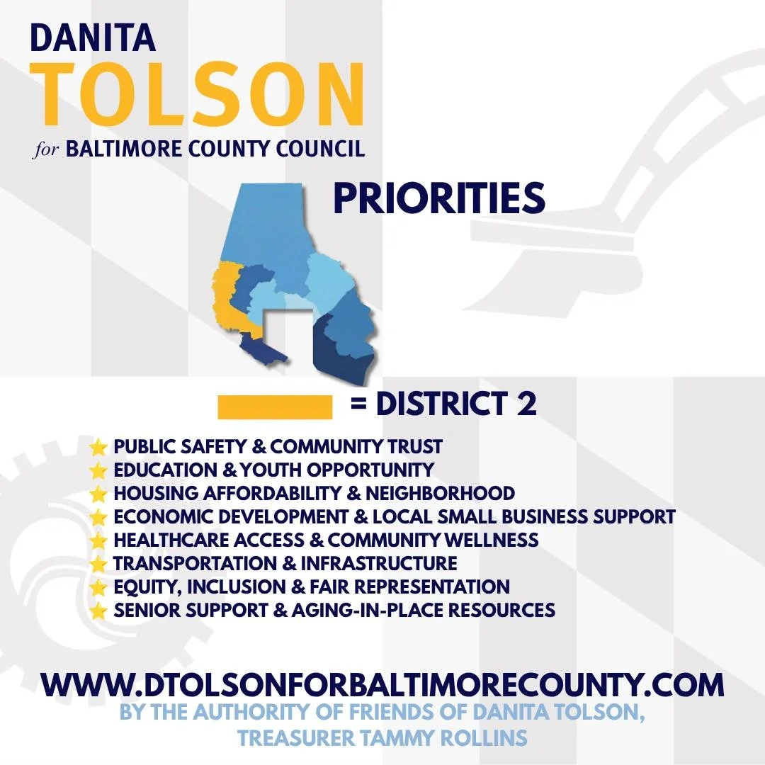 Learn more and stay connected at www.dtolsonforbaltimorecounty.com
Follow @dtolsonforbaltimorecounty

#EARLYVOTING #CommunityEmpowerment #VotingMatters #BaltimoreCounty #District2 #CommunityFirst #YourVoiceMatters #PeoplePowered #StayEngaged
#Baltimo