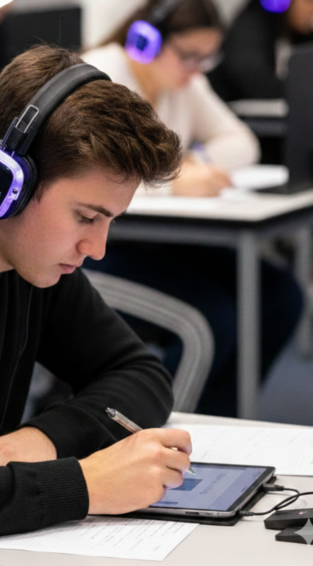 A young man with brown hair wearing headphones and a black sweater, studying and taking notes on a tablet at a desk in a classroom.