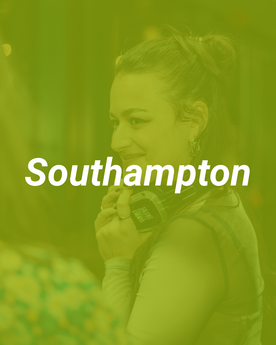 A woman with styled hair and earrings smiling while holding a water bottle, with a green overlay and the word "Southampton" in white text across the image.