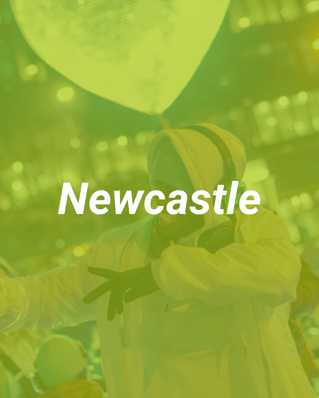 A person wearing a yellow jacket and a yellow hoodie with black stripes, with a yellow mask on, stands in front of a green background, pointing with one hand. The word "Newcastle" is overlaid in white text.