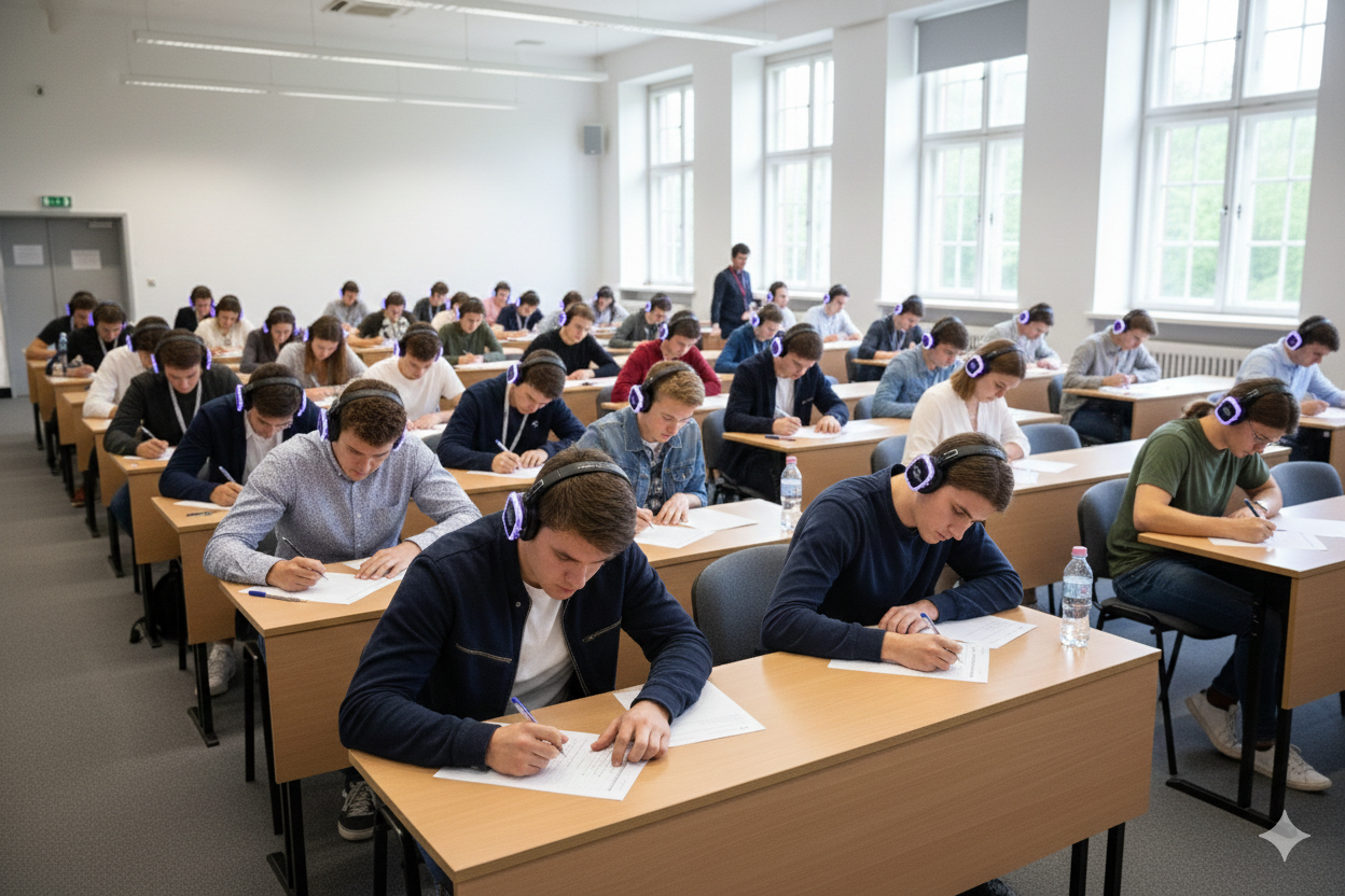 Students sitting at desks taking a test in a bright classroom with large windows, wearing headphones, with a teacher in the background.