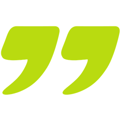 Large lime green quotation marks on a transparent background.