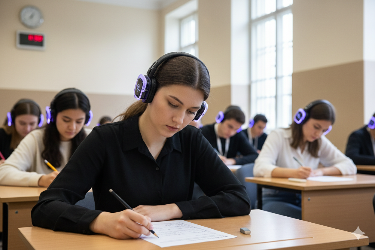 A group of students in a classroom, wearing headphones and taking a written test at desks.